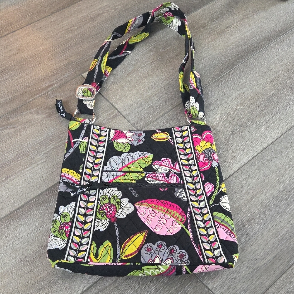 Vera Bradley Pink And Black Floral Moon Blooms Crossbody Hipster Bag